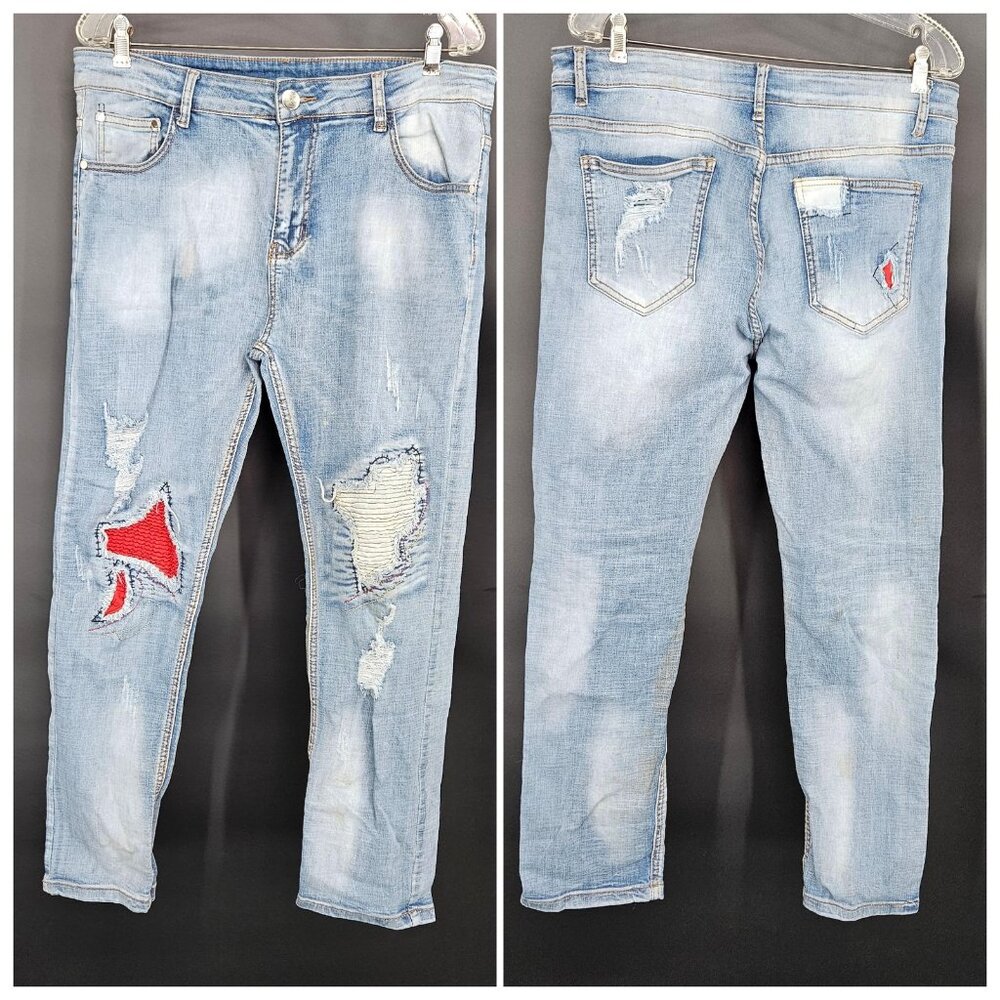 Light Wash Distressed Denim Jeans Mens 36 Blue Patch Skinny Fit Ripped Street